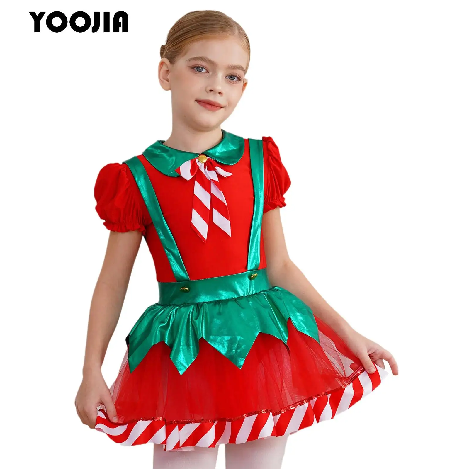 

Kids Girls Christmas Dance Costume Puff Sleeve Bow Stripes Tutu Dress Ballet Gymnastic Leotard Xmas Holiday Performance Clothes