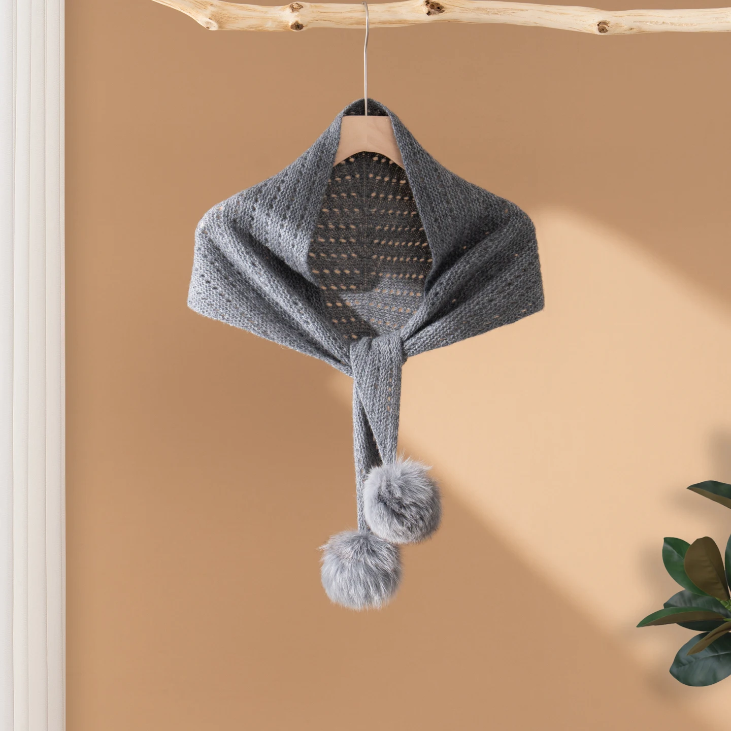 Women 100%Cashmere Triangle Scarf Winter Hollow Knit Pom Pom Shawl Wrap Warm Neck Warmer Knitted Neck Protector Casual Outerwear
