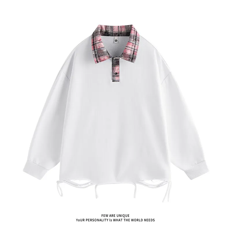 Plaid Collars Long-sleeve Polo Shirts Retro Chic Ripped Details Sweatshirt Street Style Outfits Loose Casual Wear for Men Women