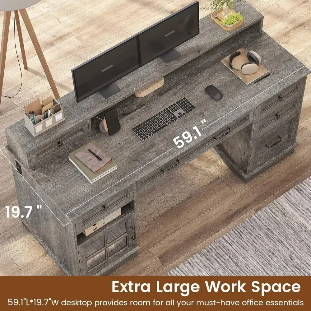 farmhouse executive desk with drawers computer desk with file drawers, power outlet and led lights, executive office desk with s