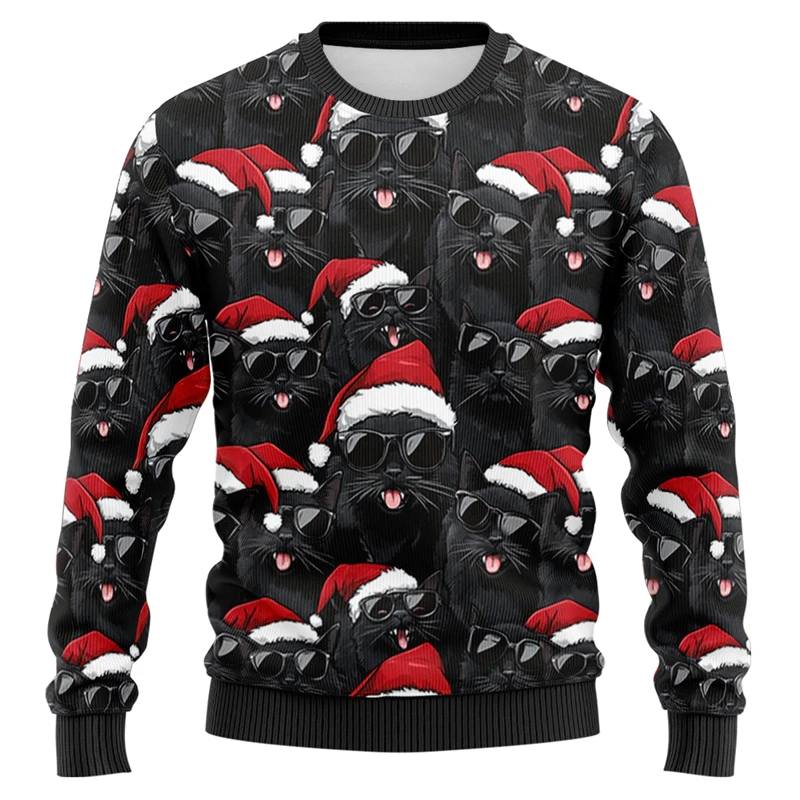 Santa Hat Cute Animals Ugly Christmas Sweater Fashion Autumn Crew Neck Men Women 3D Printed Sweatshirt Casual Oversized Pullover