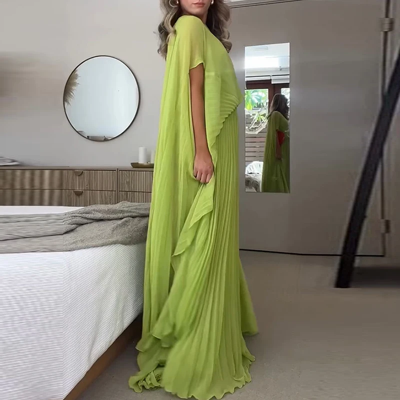 Spring Batwing Sleeve Hem Pleated Dresses Woman Sexy High Waist Solid Boho Long Dress Summer O Neck Backless Lace-up Party Dress