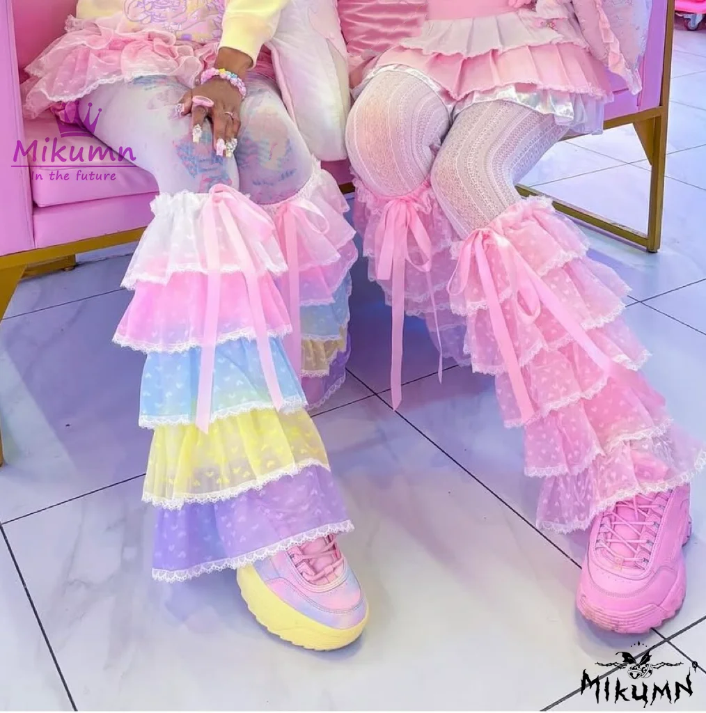 Mikumn Harajuku Women Sweet Pink Bow Fluffy Lace Leg Warmer Socks Y2k Japanese Lolita Kawaii Multilayer Mesh Ruffles Leg Covers image 2