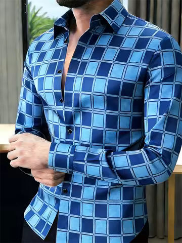 New men's casual street 3D printed shirt with grid pattern, fashionable and casual long sleeved collar shirt top