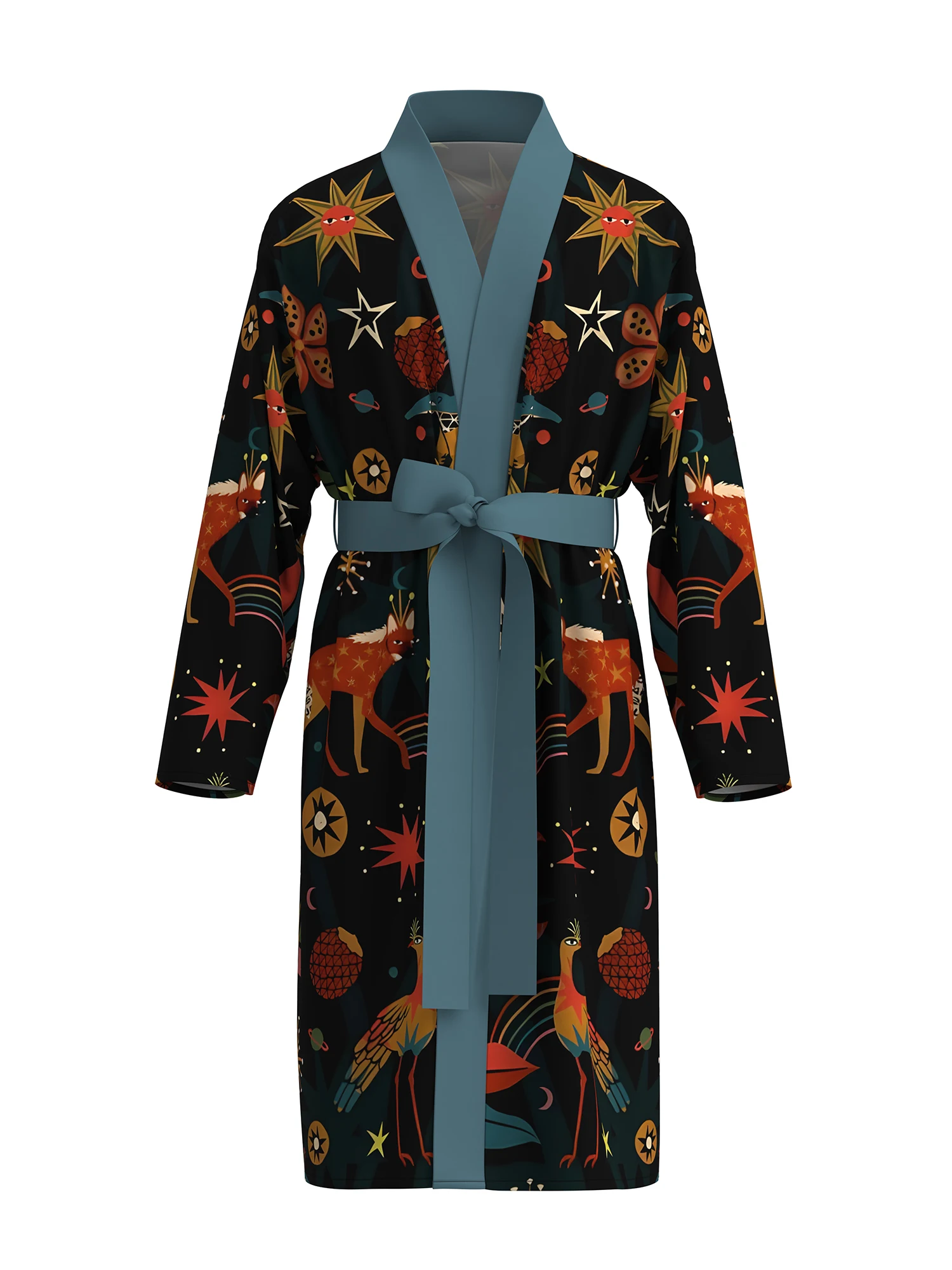 

New 3D digital printing comfortable skin-friendly nightgown men's long-sleeved thin bathrobe mid-length home fun with belt