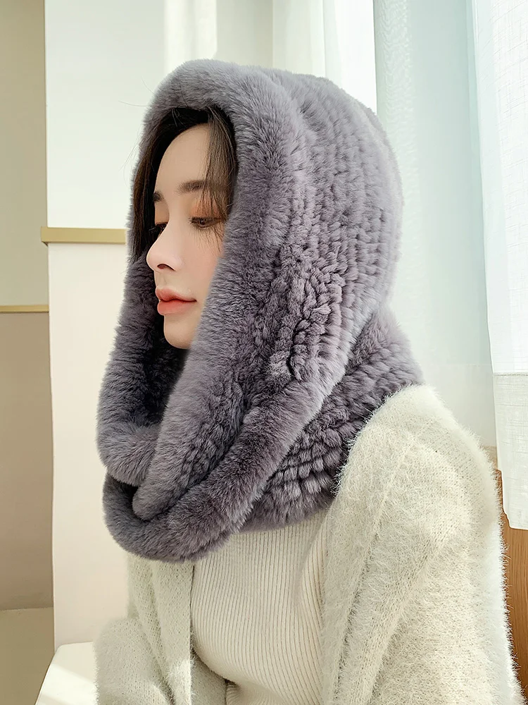 

New Women Knitted Real Rex Rabbit Fur Hat Hooded Scarf Long Winter Warm Fur Hat With Neck Collar Scarves Hat Scarf Hot Sale