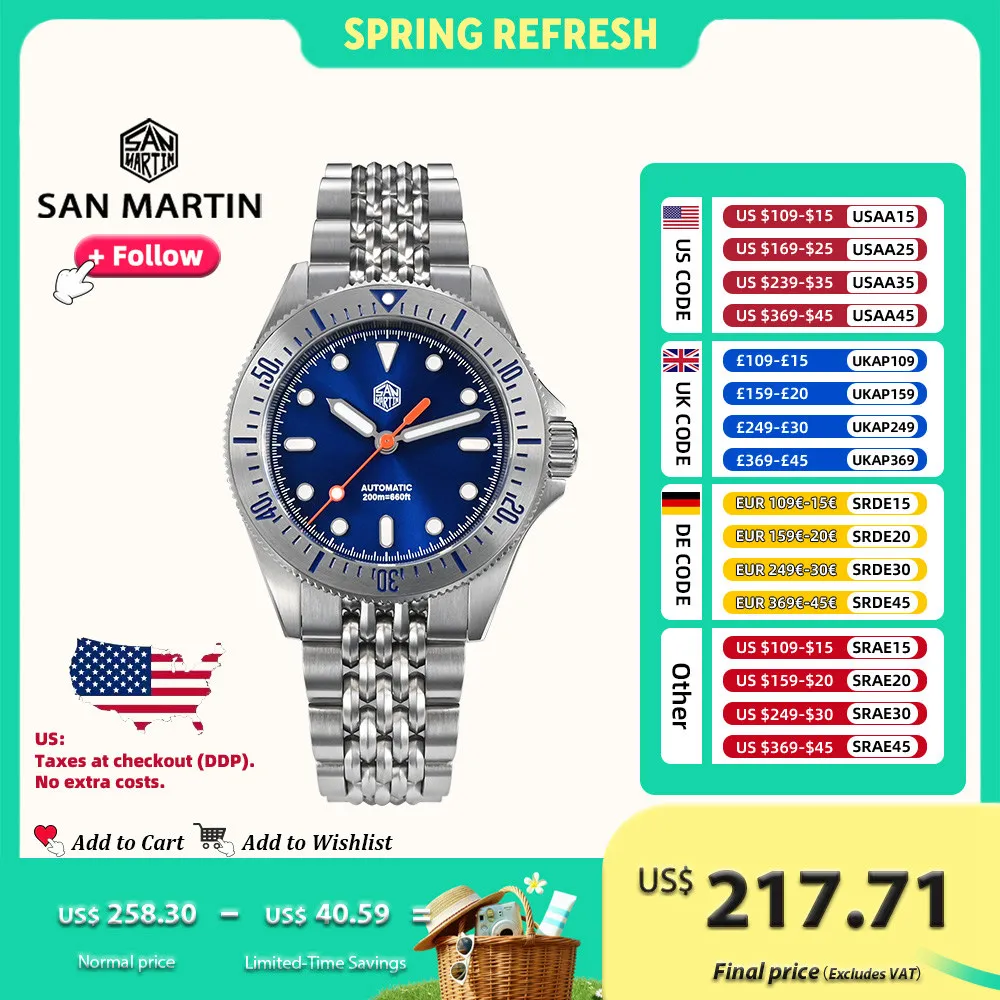 

San Martin 38.8mm Sport Diver Watch NH35 Automatic Mechanical Stainless Steel Sapphire Glass Luminous 20Bar Men Watches SN0044