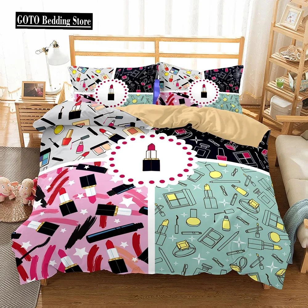 

Bedclothes Cosmetics Bedding Set Woman,lady Bedroom Comforter Set 3d Lipstick Quilt Set+pillowcase California King Bedding Sets