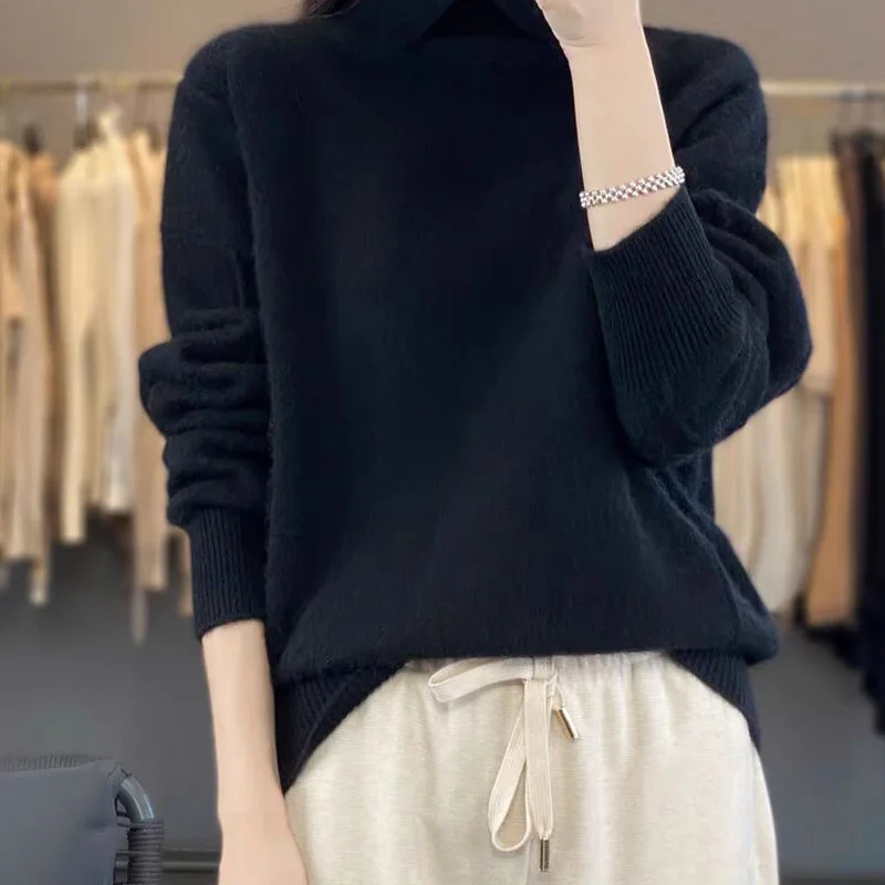 Autumn Winter New Turn-down Collar Knitted Sweaters Simple Solid Loose Casual Pullovers Women Fashion Temperament Tops