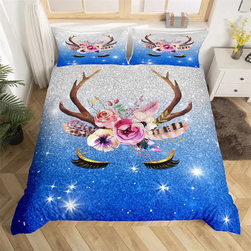 Kawaii Eyelash Duvet Cover King Boho Feather Elk Horn Bedding Set Polyester Glitter Gradient Sparkly Star Starry Sky Quilt Cover