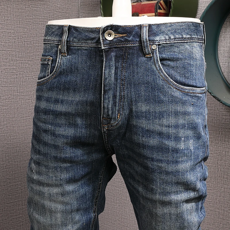 Fashion Designer Men Jeans High Quality Retro Blue Elastic Slim Fit Ripped Jeans Men Casual Trousers Vintage Denim Pants Hombre