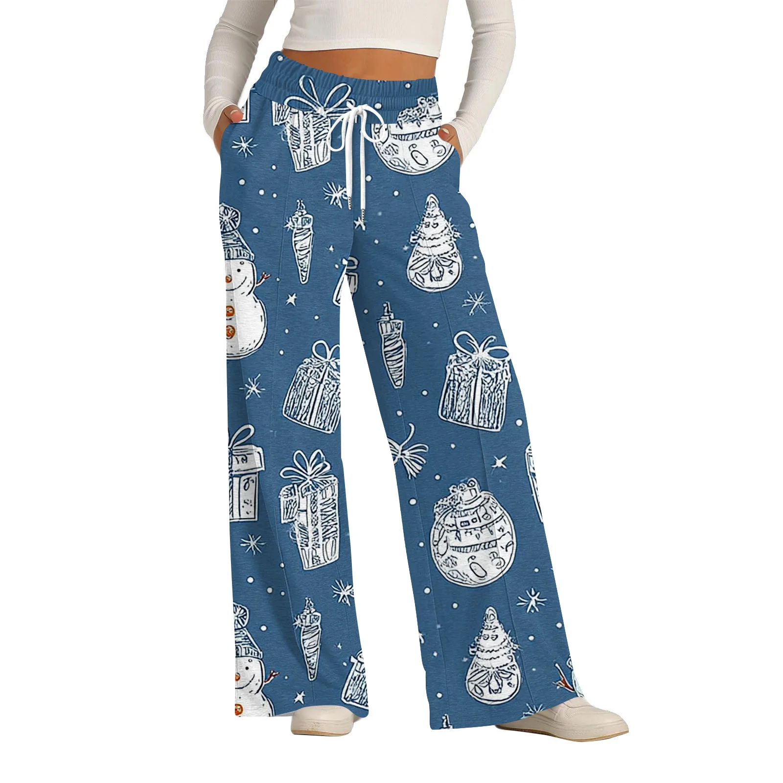 المرأة عيد الميلاد جيوب فضفاضة قيعان عادية بنطلون واسعة مستقيم بنطال ذو قصة أرجل واسعة Sweatpants عالية الخصر فضفاض تشغيل اليوغا بانت #1