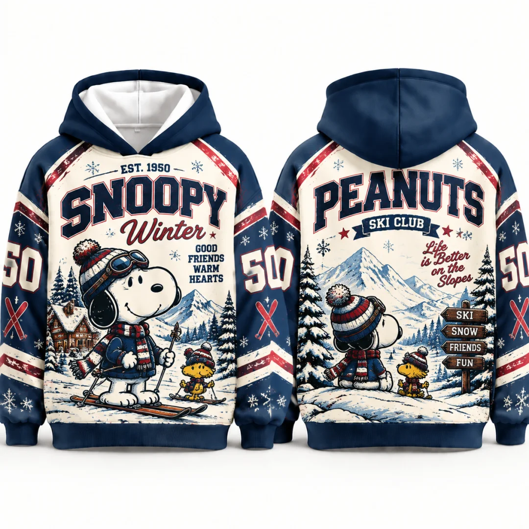 Peanuts Snoopy Christmas Winter Holiday Kids Hoodie Vintage Ski Club Cartoon Pullover Hooded Sweatshirt Mens Xmas Tops