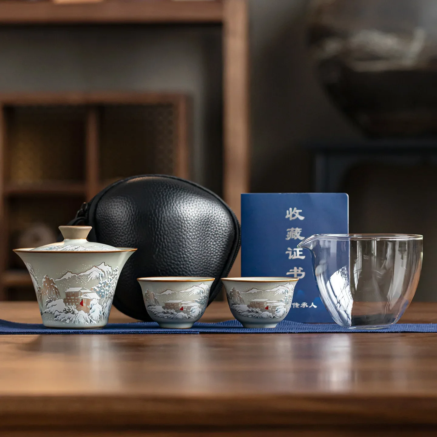 Chinese Handmade Kung Fu Ruyao Snow Scene Treasure Covered Bowl Travel Quick Three-cup Ceramic Household Outdoor Travel Tea Set