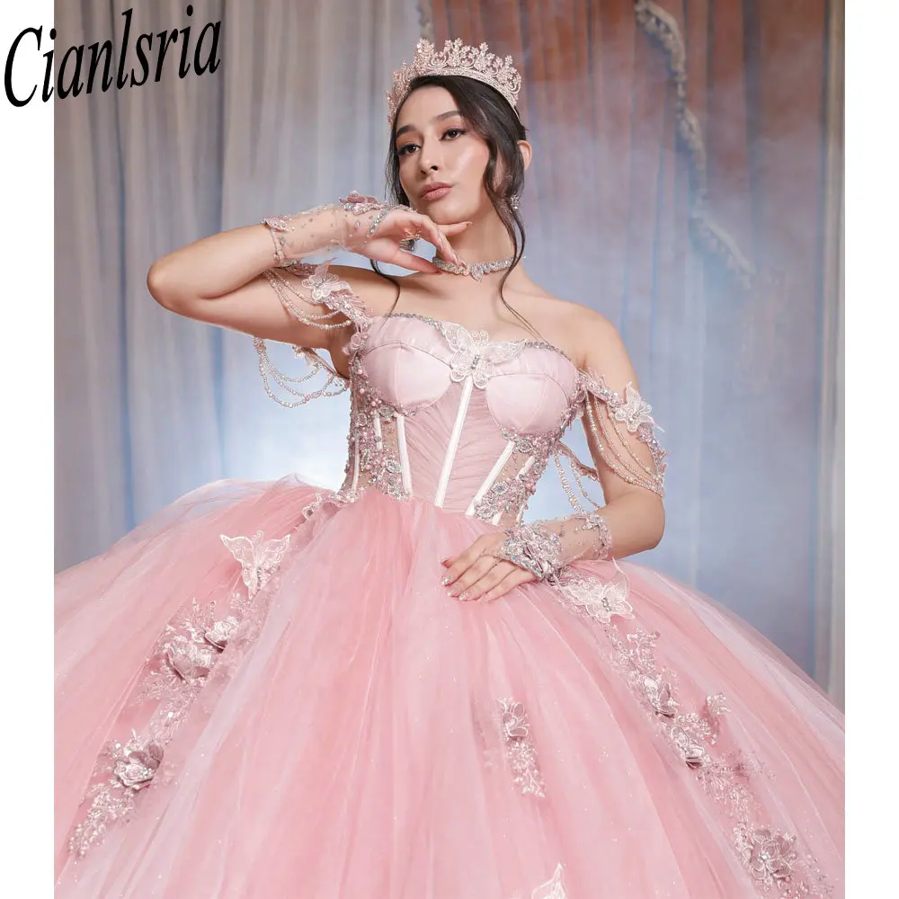 Robes de Quinceanera en dentelle avec appliques de fleurs 3D ivoire, robe de Rh, perles de cristal, fête d'anniversaire Sweet 15, Off The Initiated