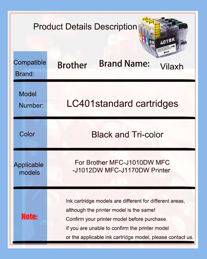 Vilaxh Standard capacity LC401 401 Compatible Ink Cartridge For Brother MFC-J1010DW MFC-J1012DW MFC-J1170DW Printer