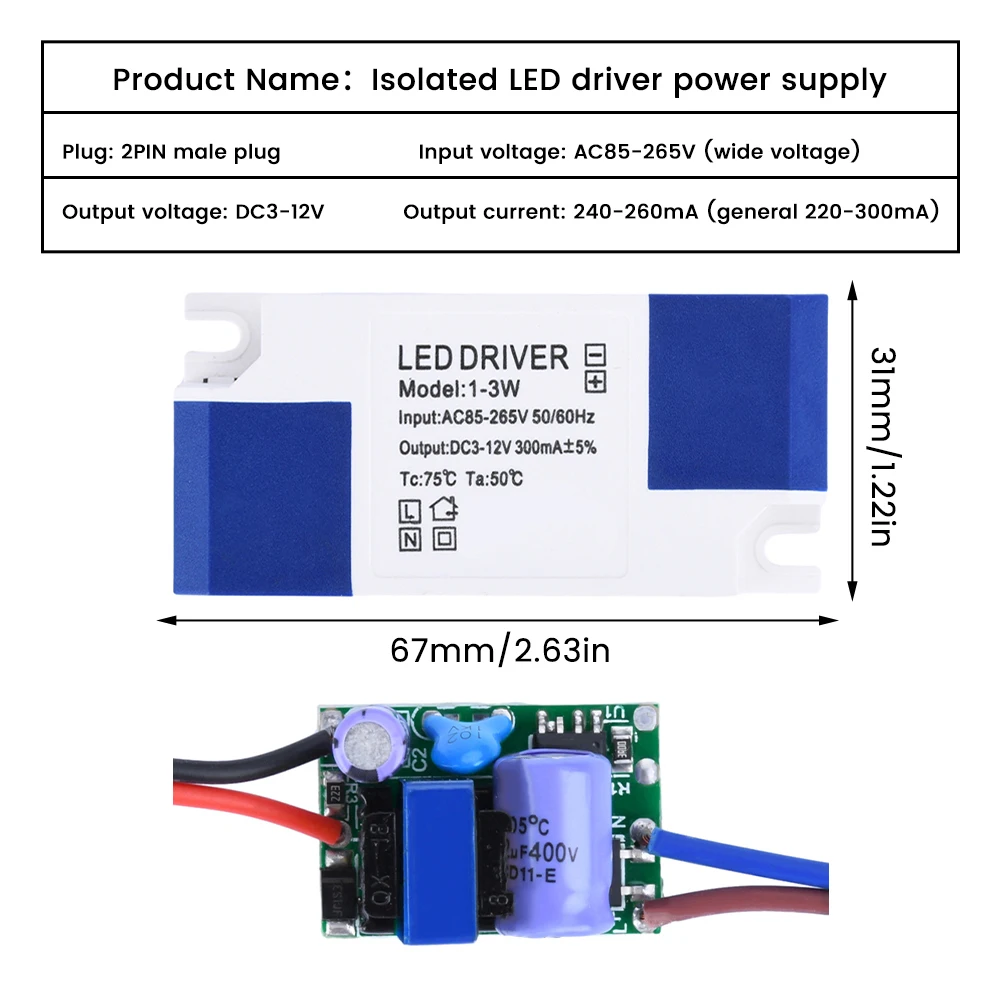 AC85-265V LED Driver 3W 6W 9W 12W 15W 18W 24W  2PIN Male 240-260mA Isolated Type LED Power Supply Unit Lighting Transformers