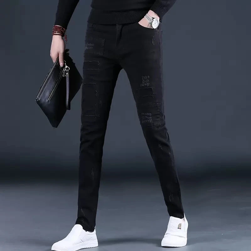 Black Ripped Patch Jeans Men Autumn Winter Casual Slim Fit Pencil Pants Streetwear Fashion Cotton Stretch Denim Trousers CP2098