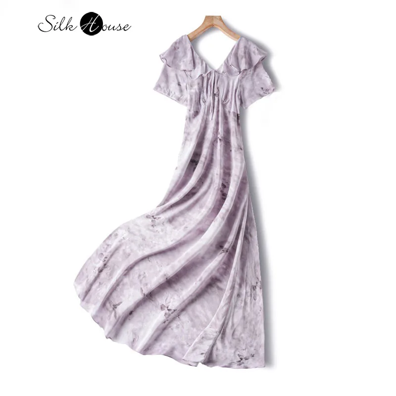 

2025 Women's Summer Casual New 100% Natural Mulberry Silk 03 Crepe De Chine Digital Printed French Doll Neck Dress