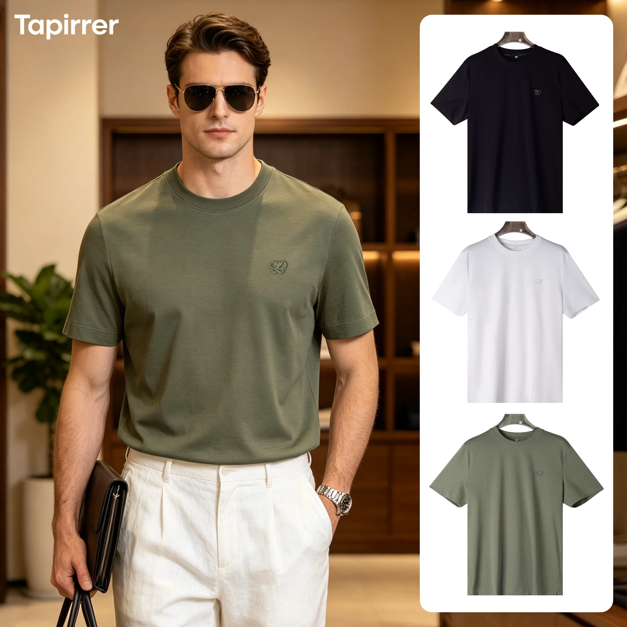 Tapirrer Men's Ice Modal T-Shirt 2026 Spring/Summer New Old Money Style Long-Staple Cotton Knit Sports Breathable Round Neck Solid Color Fashion Versatile Short Sleeve Business Casual Commuting Daily Top