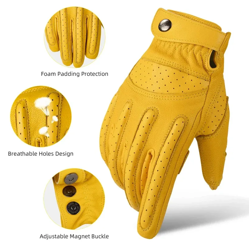 

Yellow Touchscreen Motorcycle Leather Gloves Full Finger Driving Breathable Anti-Slip Design for Men Motocross & Summer Riding
