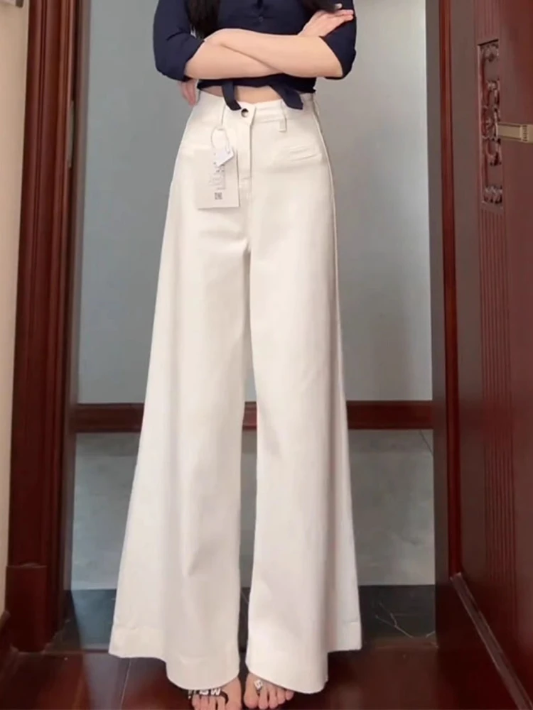 

White Fashion Versatile Wide Leg Jeans for Women 2025 Spring New High Waist Loose Casual Commute Simple Flaw Horn Pants