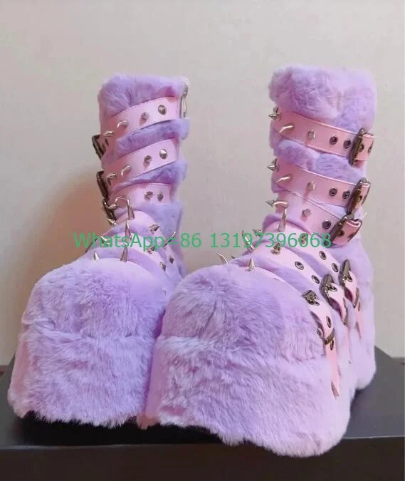 Lady rockstud design purple fur buckle strap boots pink metal design calf boots vintage platform desugn punk boots size 35-46