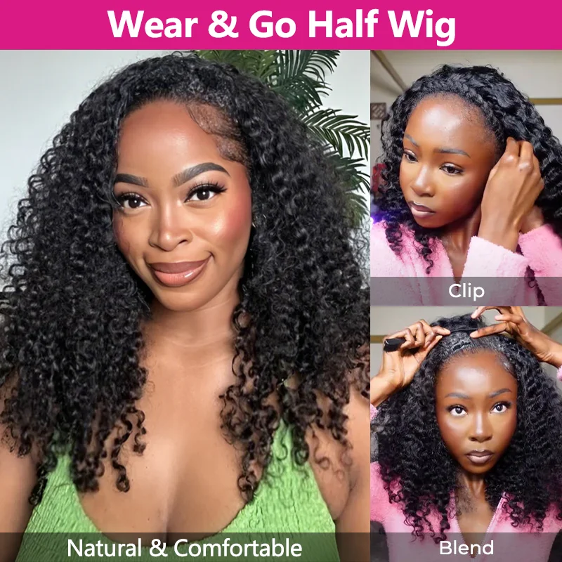 300% Half Wigs Human Hair 4C Kinky Curly Headband Wig Upgrade 3 IN 1 Half Wig With Drawstring Seamless Clip Ins Flip Over Wig