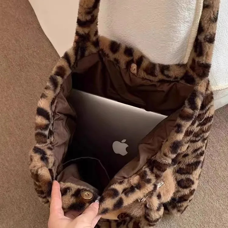 Bolso Tote de Felpa con Estampado de Leopardo para Otoño e Invierno, Bolso de Hombro de an Capacidad, Estilo Juvenil Inform...