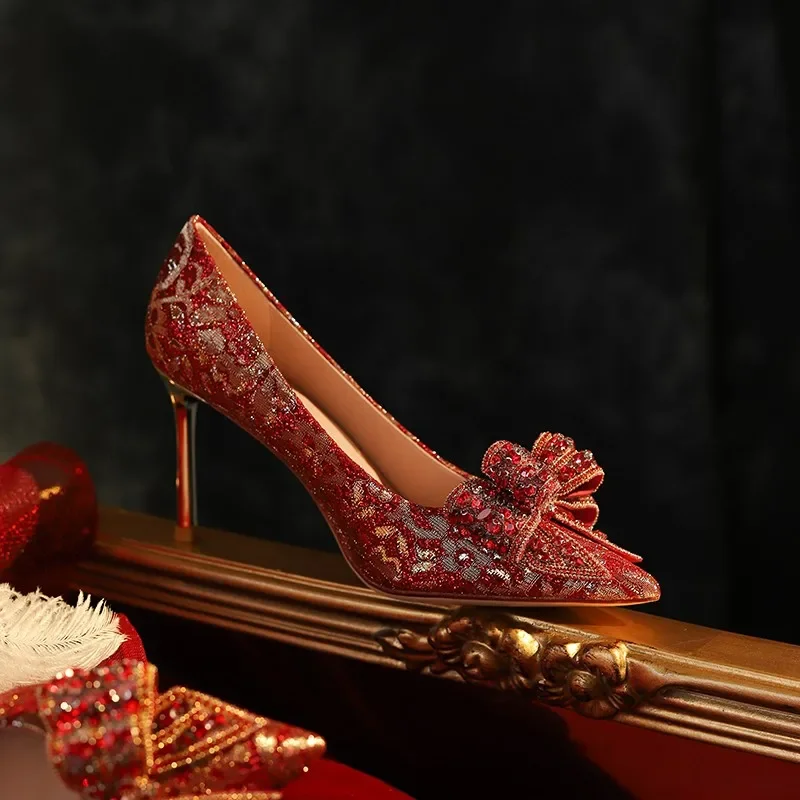 New Red Wedding Shoes for Women with Thin Heels, Pointed Bow, Crystal Chinese Style, Not Tiring Feet, Bride High Heels