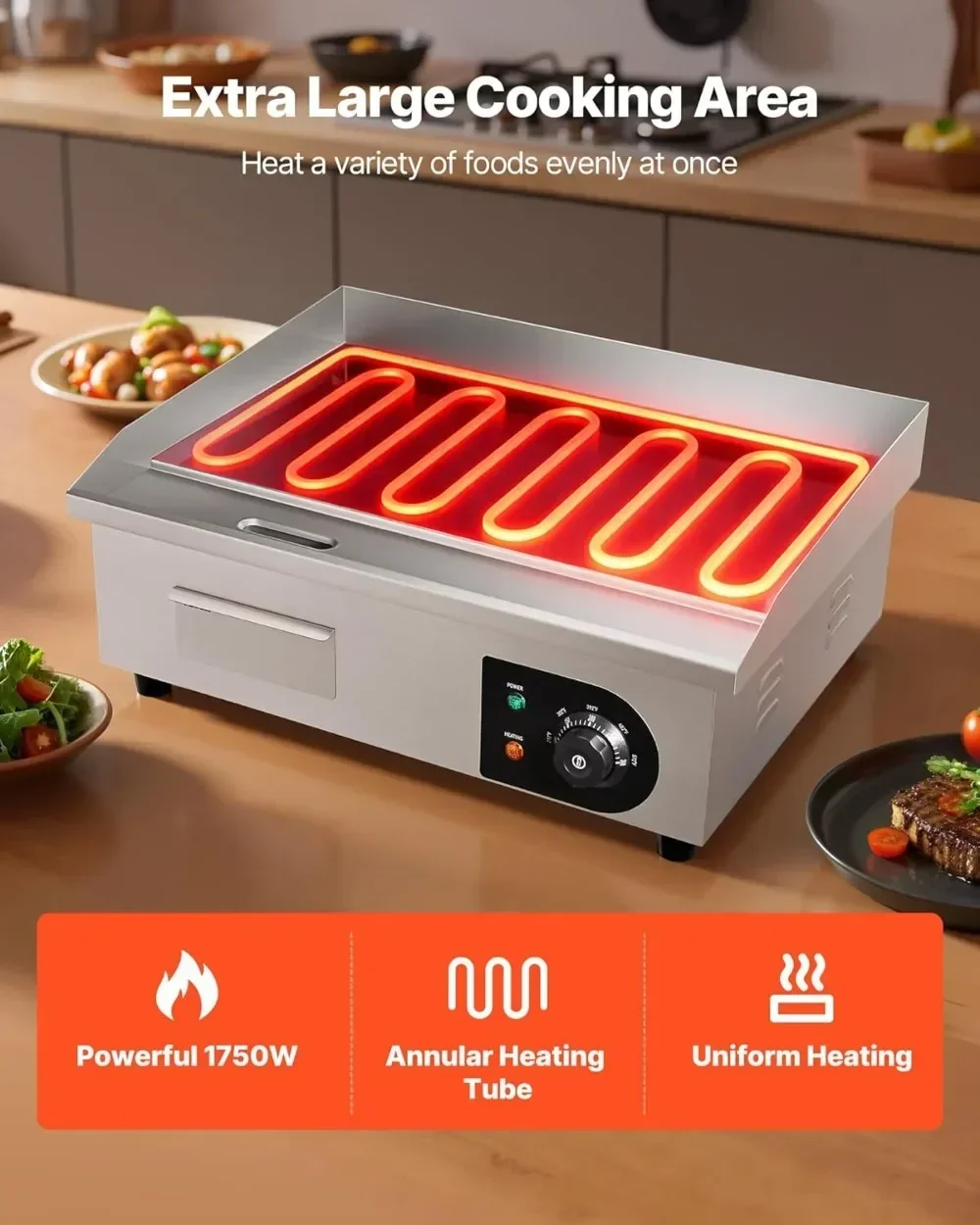 

Популярная коммерческая электрическая сковорода-гриль 1750 Вт, 21x11,8 дюймов, из нержавеющей стали, с регулировкой температуры