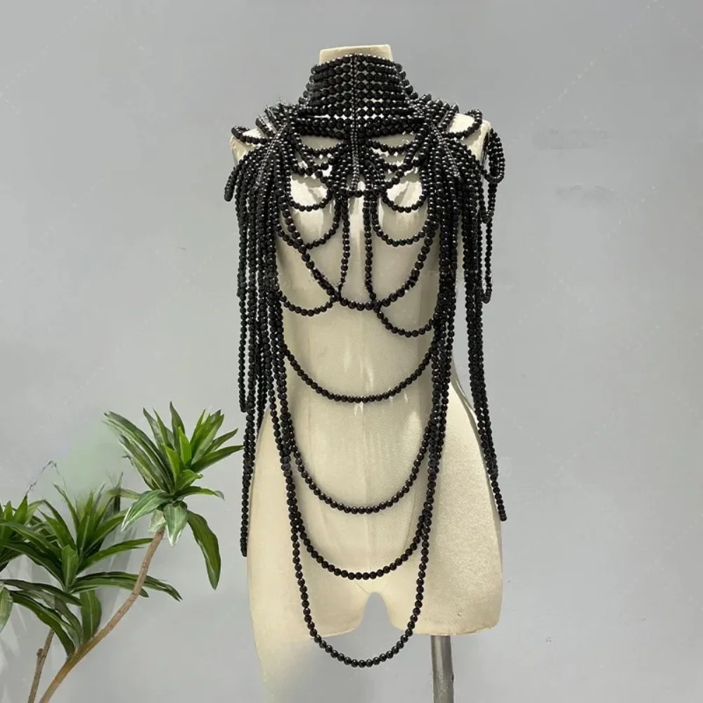 

Y2k 빈티지 Luxury Beaded Shoulder Jewelry Pearl Shawl Body Chain Handmade Pearl Top Bra Metal Woven Bead Body Chains for Women