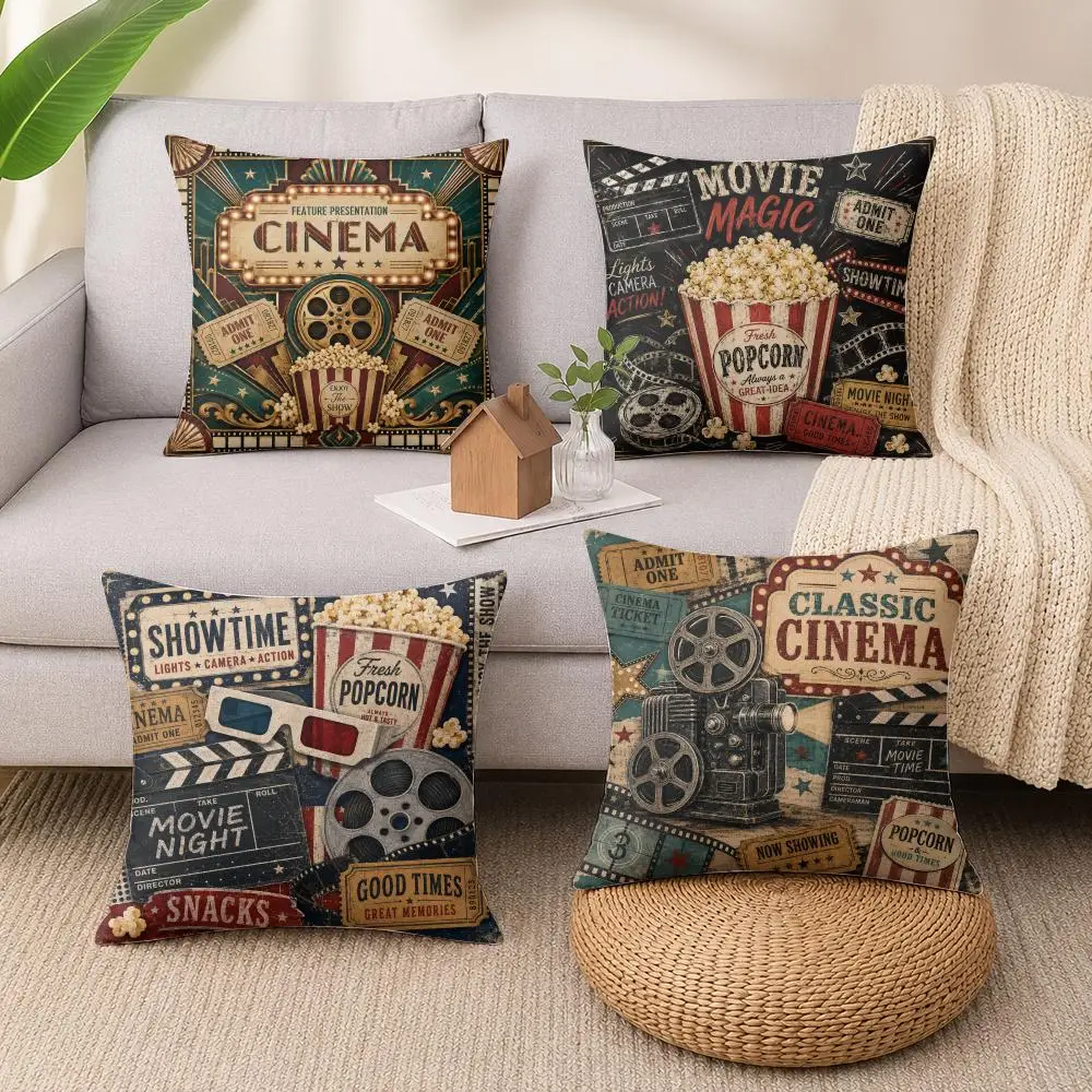 Retro Cinema Movie Theater Cushion Cover Soft Short Plush Pillow Cases Hidden Zipper Cutecore Sofa Bedroom Home Decor Gift