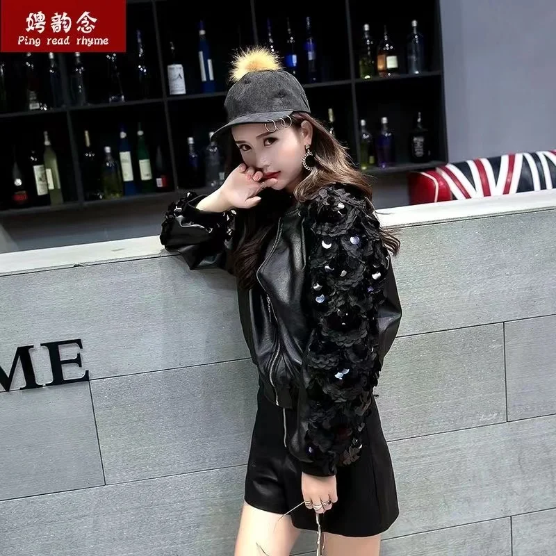 2024 Women PU Leather Jacket New Female Spring Autumn Quilting Glitter Bead Piece Long Sleeve Coats Ladies Leather Overcoat