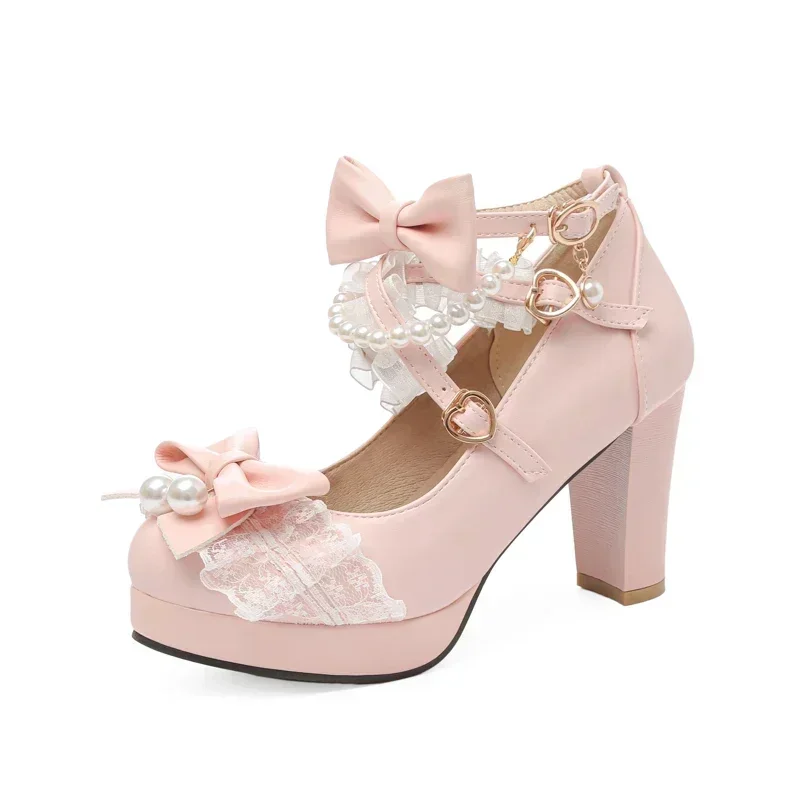 Cross Strap Women High Heels Mary Jane Pumps Party Wedding Cosplay White Pink Black Strawberry Bow Princess Cosplay Lolita Shoes