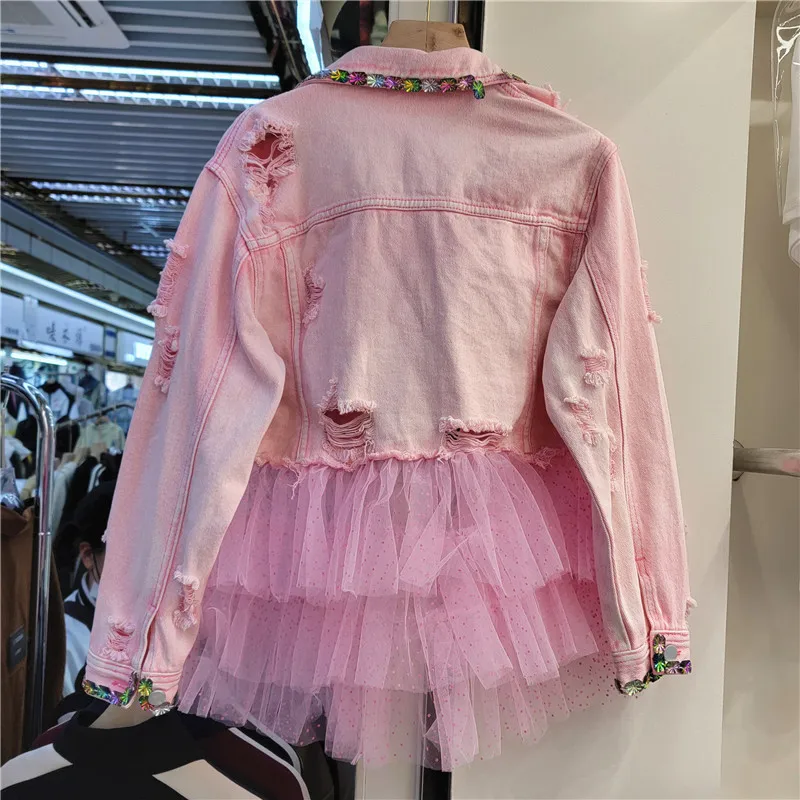 Moda primaverile Giacca di jeans con tasca grande con giunture in rete rosa Donna Fori sottili Capispalla da cowboy Giacca di jeans con diamanti