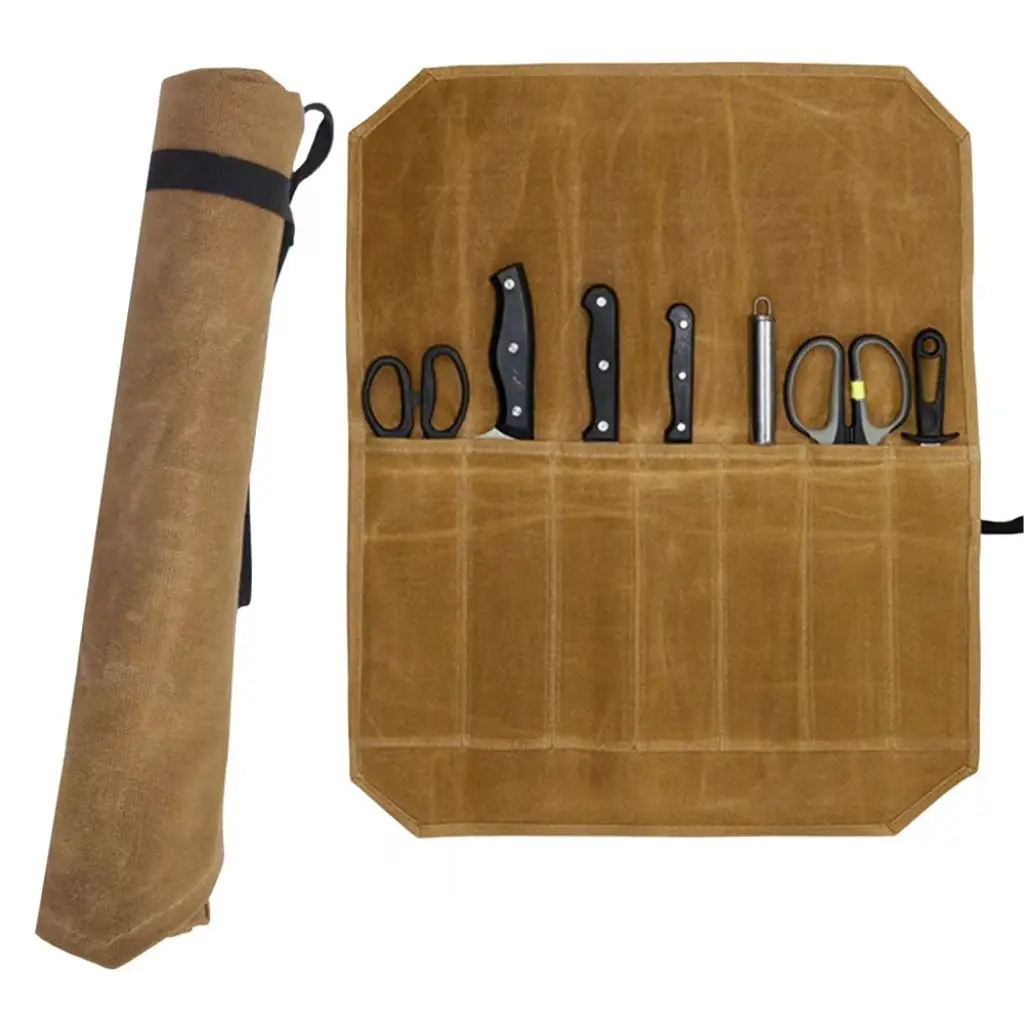 Wet Wax Canvas Knife Storage Bag Chef Picnic Camping Barbecue Kitchen Portable Knife Storage Roll Bag Outdoor Chef Knife Carrier