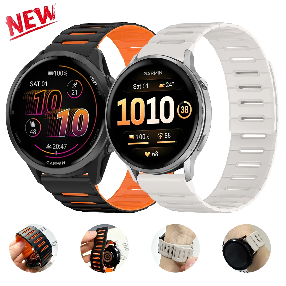 Pulseira Magnética de 20/22mm para Garmin D2 Air X15/Venu 4 3 2 sq/Forerunner 165 245 255 570, Bracelete de Borracha para Huawei Watch GT6