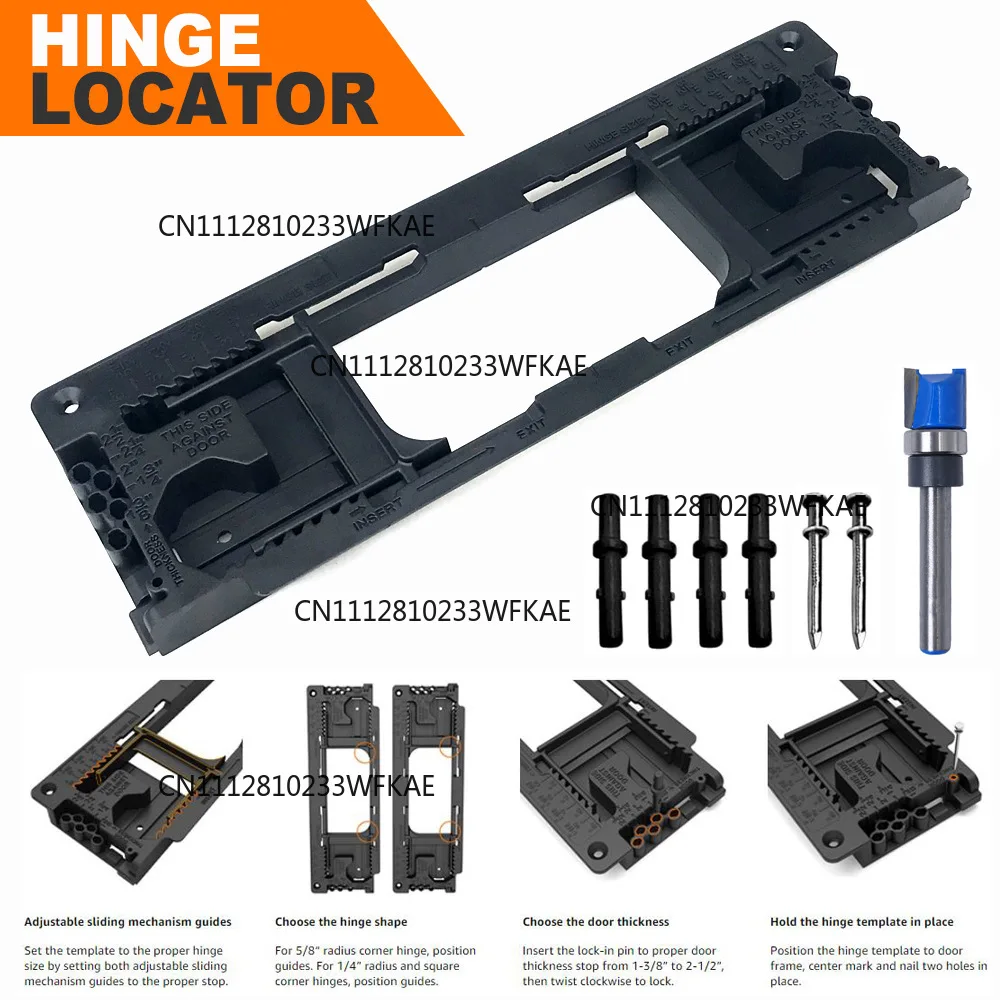 Hinged door lock opening positioner, door hinge mounting kit hinge router template