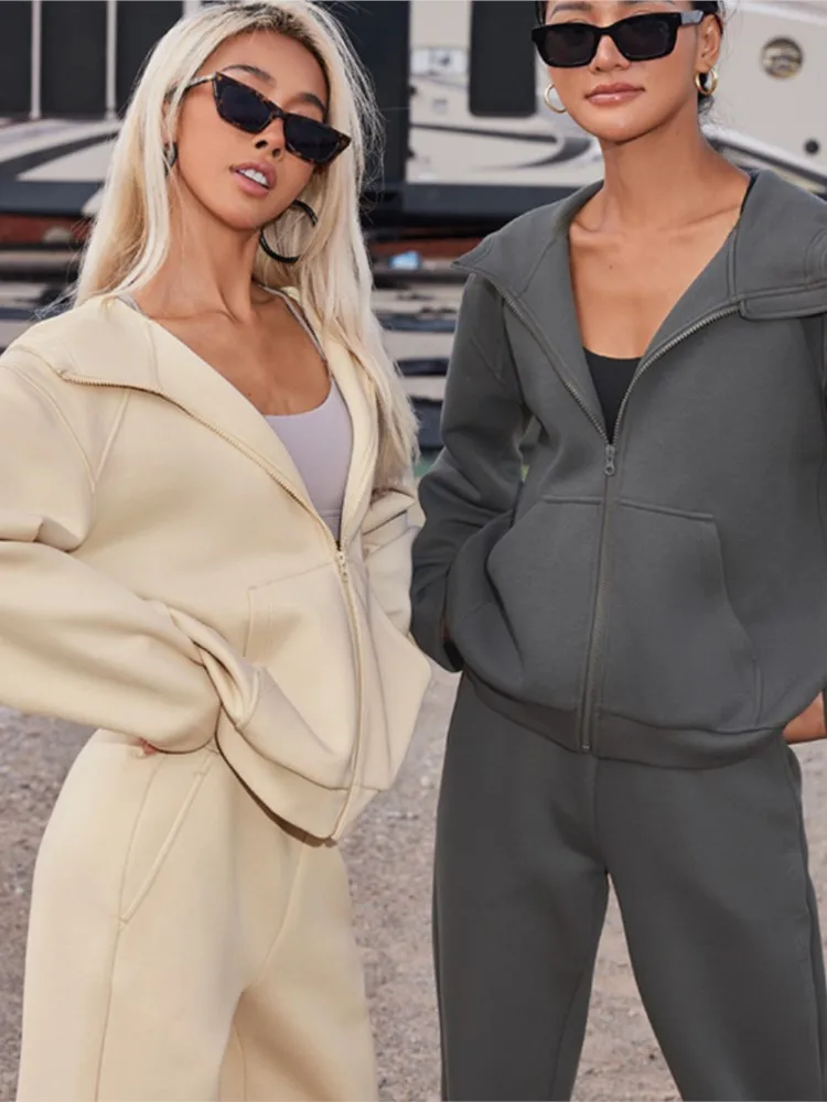 

Women Fashion Solid Hoodie Two Piece Set Long Sleeve Zipper Cardigan Tops And Pants Suit Female Autumn Casual Loose Ladies Sets