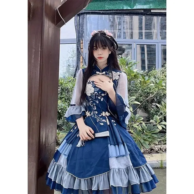 

Chinese Style Blue Stand Collar Hollow Flower Patchwork Mid Sleeve Lolita Princess Dress Women Elegant Prom Party Evening Dress