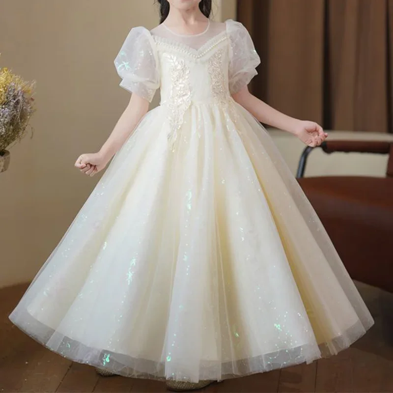 Girls Party Fluffy Princess Dresses Elegant Children's Clothing O-Neck Pearl Decoration Sequined Dot Back Zipper Net Yarn Dress