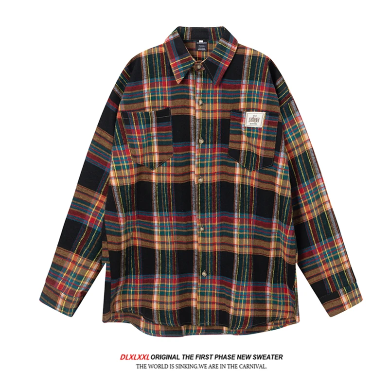 

GXFortune Американский Ретро Плед irt Jaet Свободные Длинные Свеки Мужчины Женщины Новинка 2024 Осенняя повседневная одежда Повседневная одежда с квадратным воротником