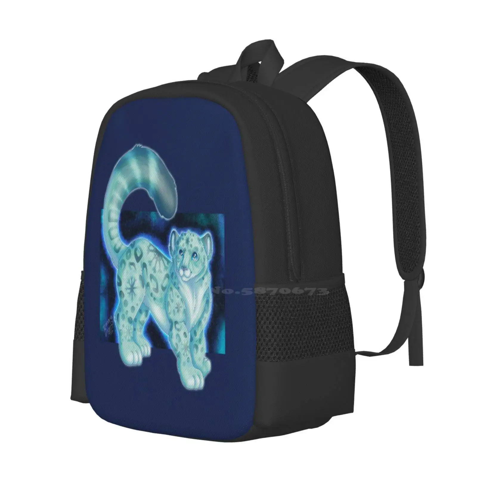 Snowy Snow Leopard (Blue) Hot Sale Schoolbag Backpack Fashion Bags Bananabeardraws Banana Bear Draws Snow Leopard Fantasy