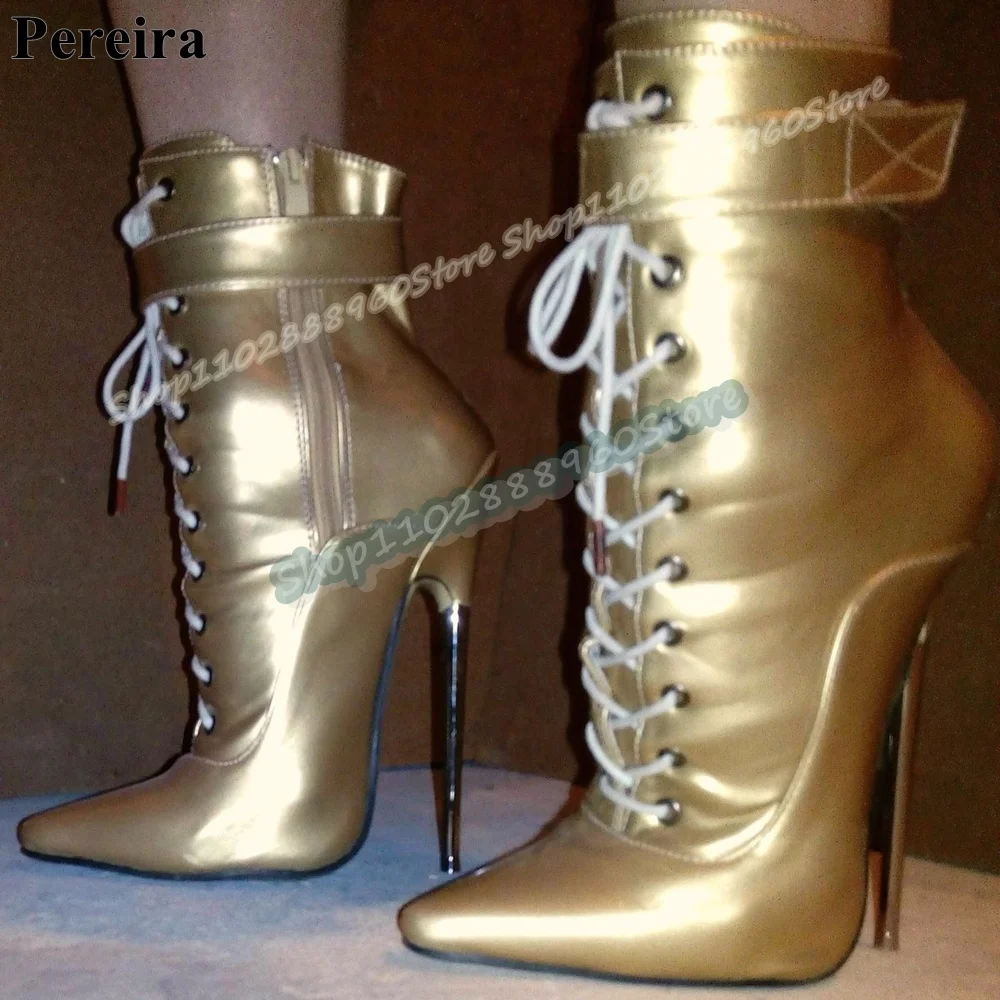 

Gold Leather Cross Tied Pointy Ankle Boots Stilettos High Heel Shoes For Women Side Zipper Pointed Toe Party Stylish Women Boots