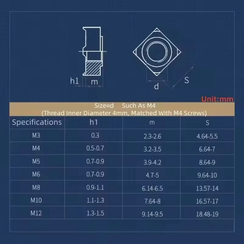 304 Stainless Steel/Carbon Steel M3 M4 M5 M6 M8 M10 M12 A/B Type Square Spot Weld Nut Four Corner Welding Nuts
