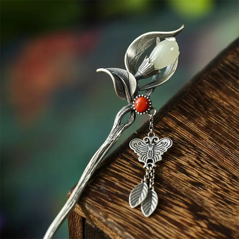 S925 Sterling Silver Inlay And Tianyu Orchid Hairpin Hanfu Vintage Wind Plate Hairpin Silver Hairpin Simple Design