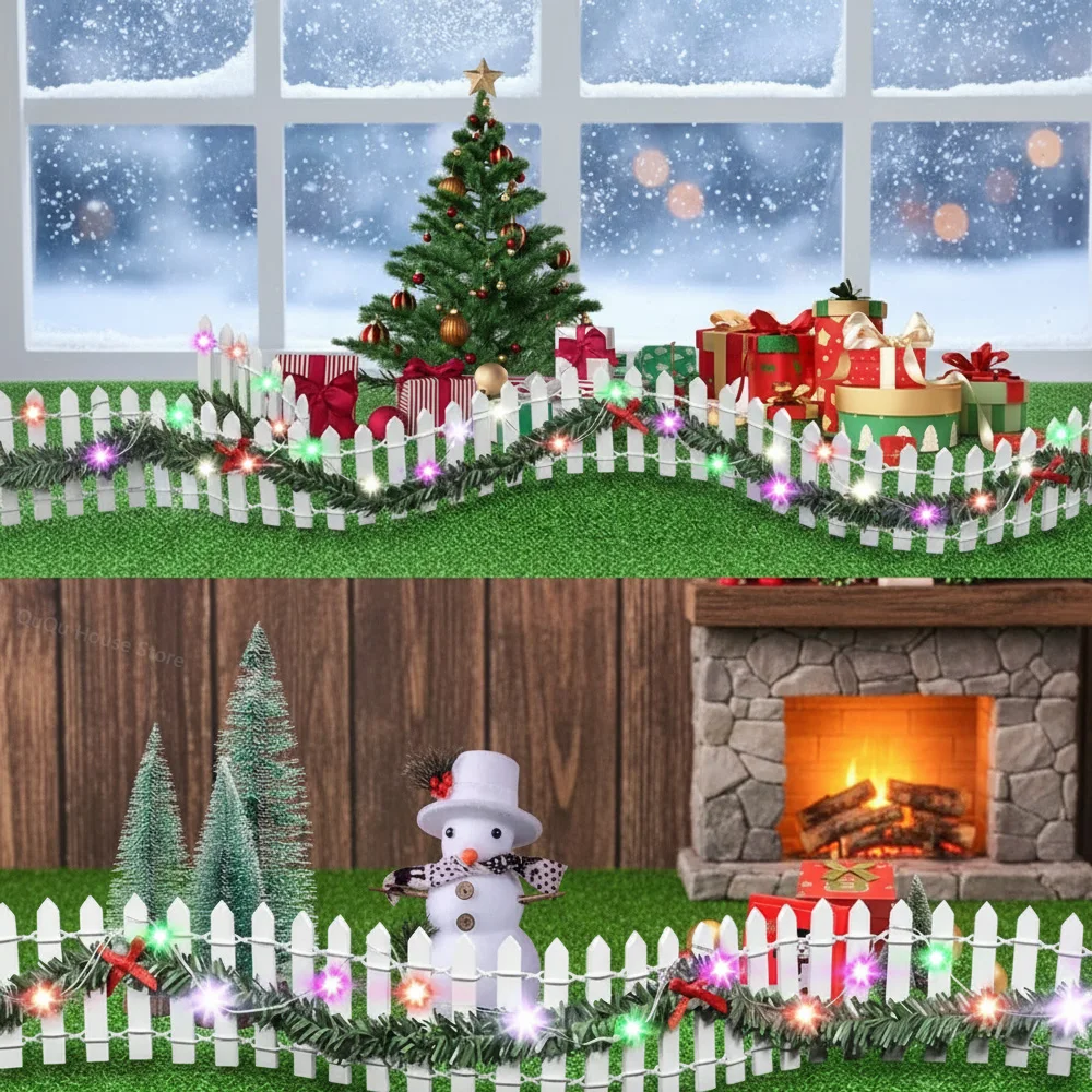 Miniature Wooden Fence, Fairy Garden Christmas Decor, Dollhouse Prop with Light String Vine, Handmade Micro Landscape Greenery