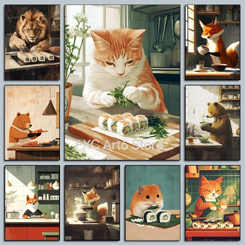Póster de Arte de Cocina sin Marco con Animales Divertidos: León, Chef de Sushi, Oso, Zorro - Impresiones en Lienzo para Decoración de Pared del Hogar