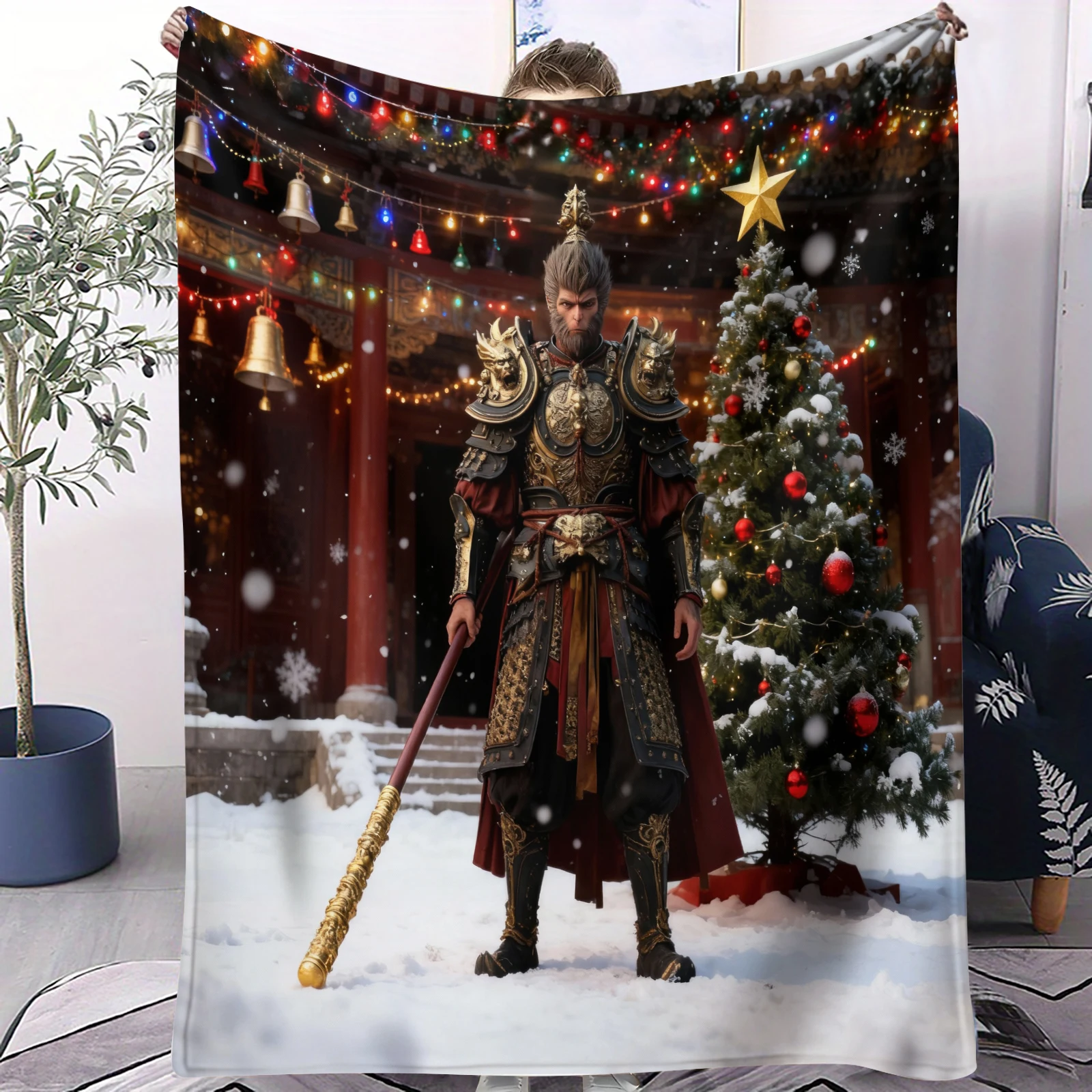 

Black Myth Wukong Christmas Printed Blankt Warmth Flannel Blanket Cover Soft Multifunctional Decorative Blanket Birthday Gift